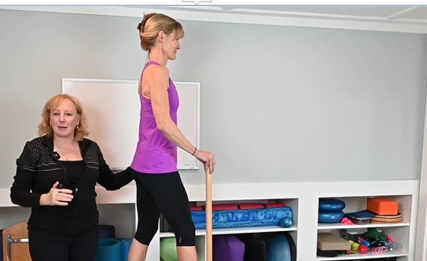 Melanie Byford-Young demonstrates Pilates exercises targeting asymmetrical movements and standing on the reformer. Progress these for improved balance and fall response.